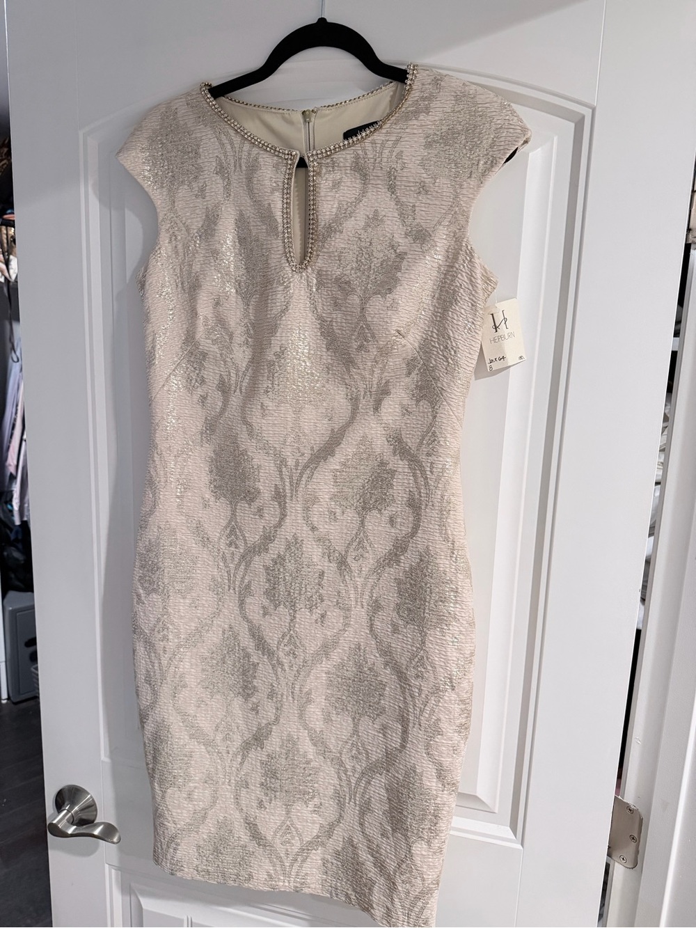 NWT Jax Cream Jacquard Midi Dress with Beaded Keyhole